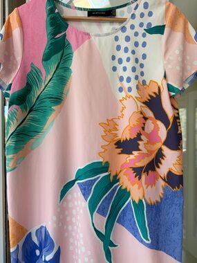 MINKPINK Pink and Teal Polka Dot Print T-Dress. Abstract Florals in GUC. Spring